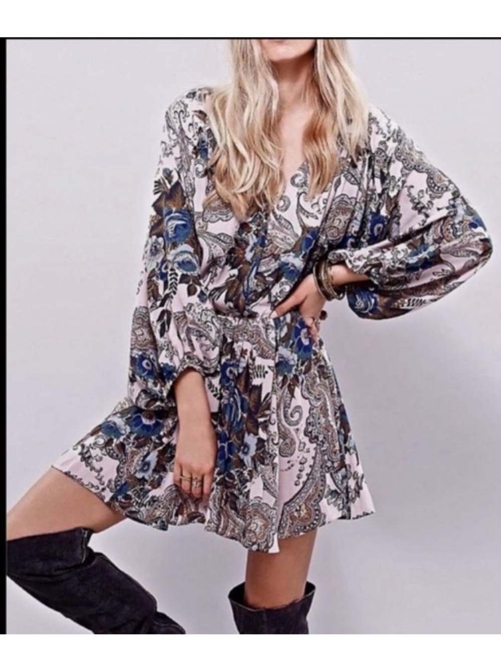 Free People Paisley Floral Mini Dress in Blush, Blue and Brown
